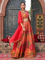 Deep orange ethnic printed lehenga choli with stylish jacket