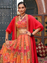 Deep orange ethnic printed lehenga choli with stylish jacket
