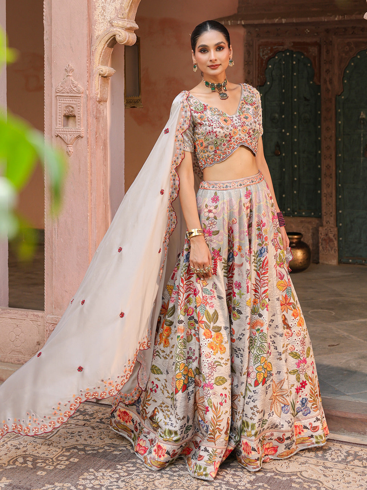 Cloud grey floral printed lehenga choli with elegant dupatta