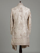 Cream silk royal groom indowestern set with embellished detailing