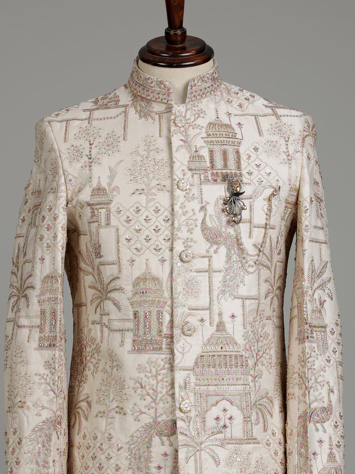 Cream silk royal groom indowestern set with embellished detailing