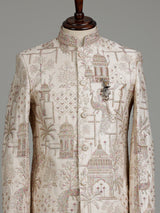 Cream silk royal groom indowestern set with embellished detailing
