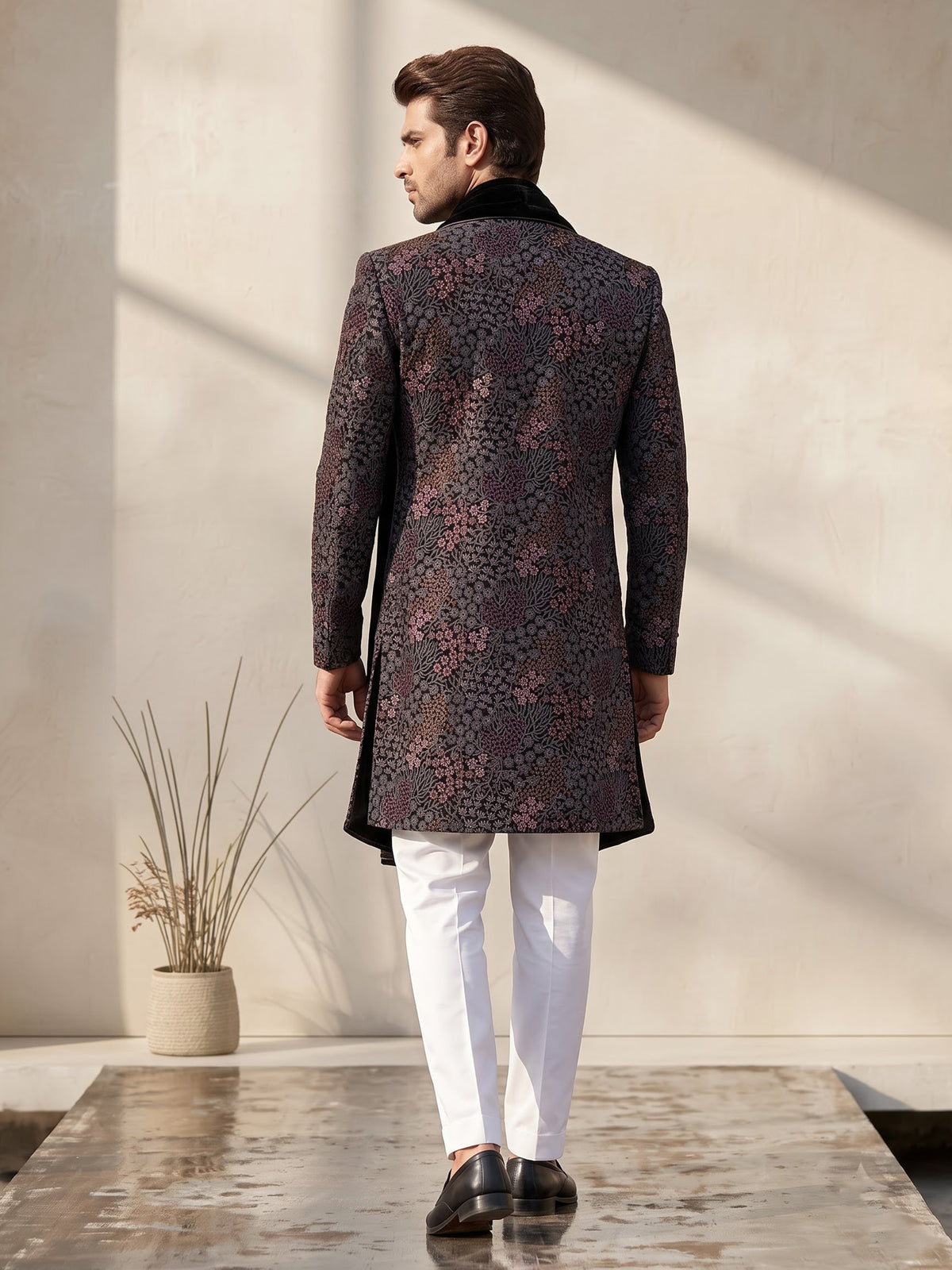 Black georgette embellished sherwani indowestern set for mens weddings