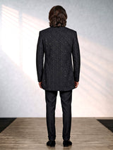 Black sequined cotton blend overlay indowestern set for mens weddings
