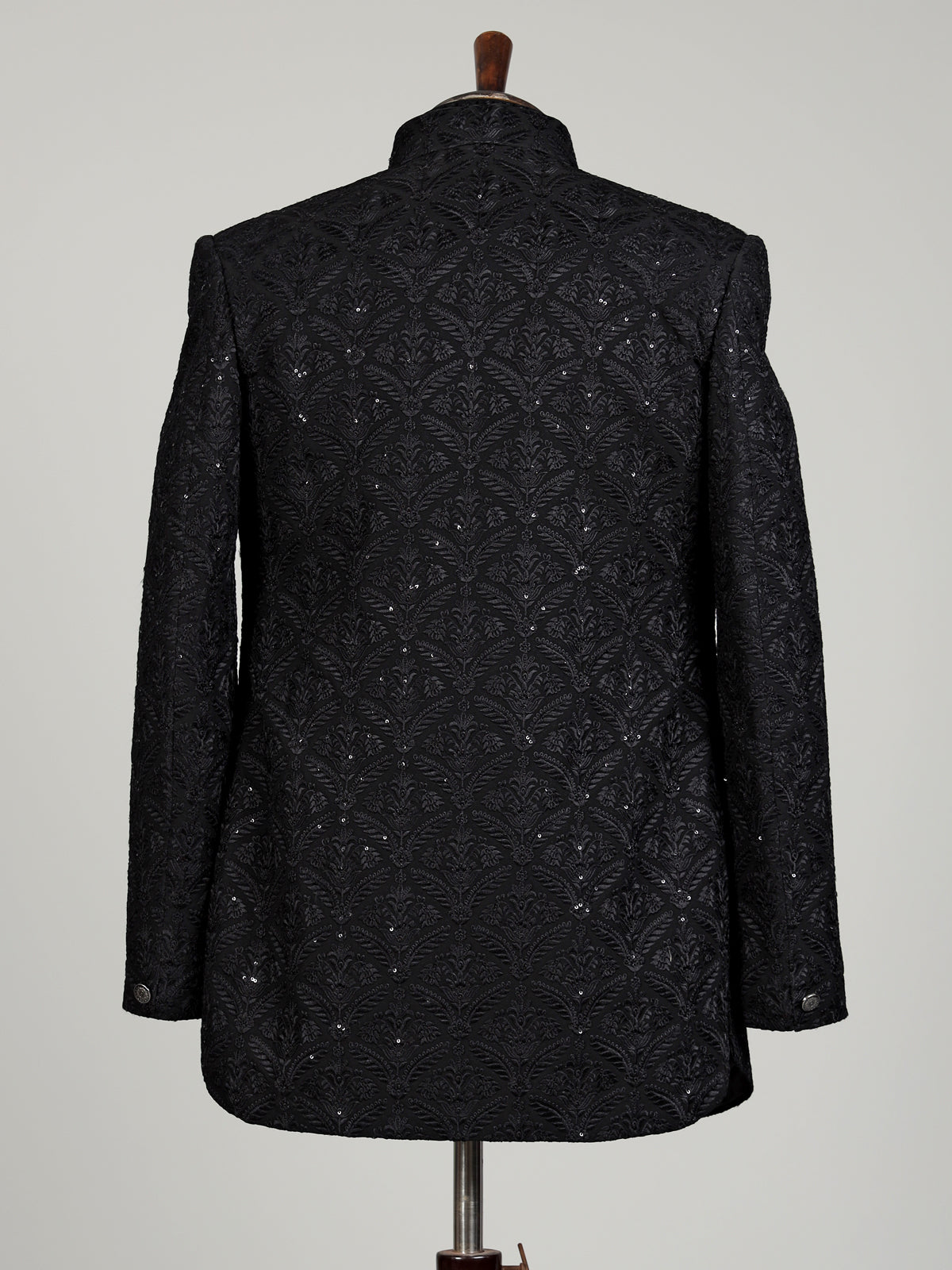 Black sequined cotton blend overlay indowestern set for mens weddings