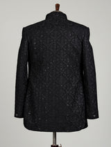 Black sequined cotton blend overlay indowestern set for mens weddings