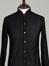 Black sequined cotton blend overlay indowestern set for mens weddings