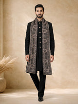 Black terry rayon embellished indowestern set for mens weddings