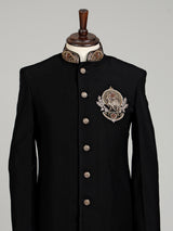 Black terry rayon embellished indowestern set for mens weddings
