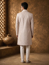 Light peach velvet embroidered achkan indowestern set for mens weddings