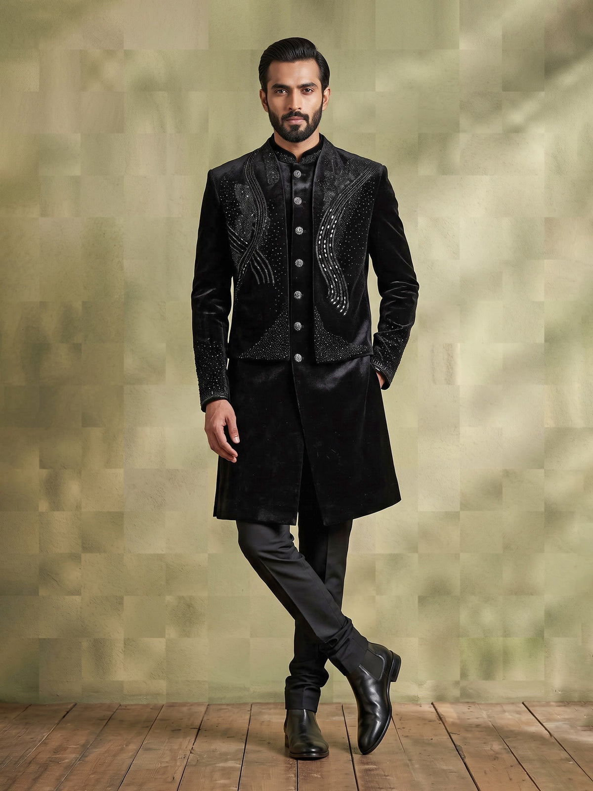 Black velvet embellished structured bandhgala indowestern set for mens