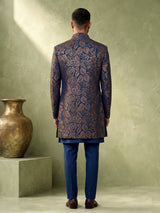 Teal blue brocade mens indo western