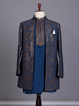 Teal blue brocade mens indo western
