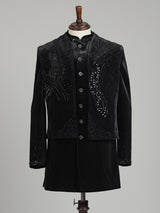 Black velvet embellished structured bandhgala indowestern set for mens