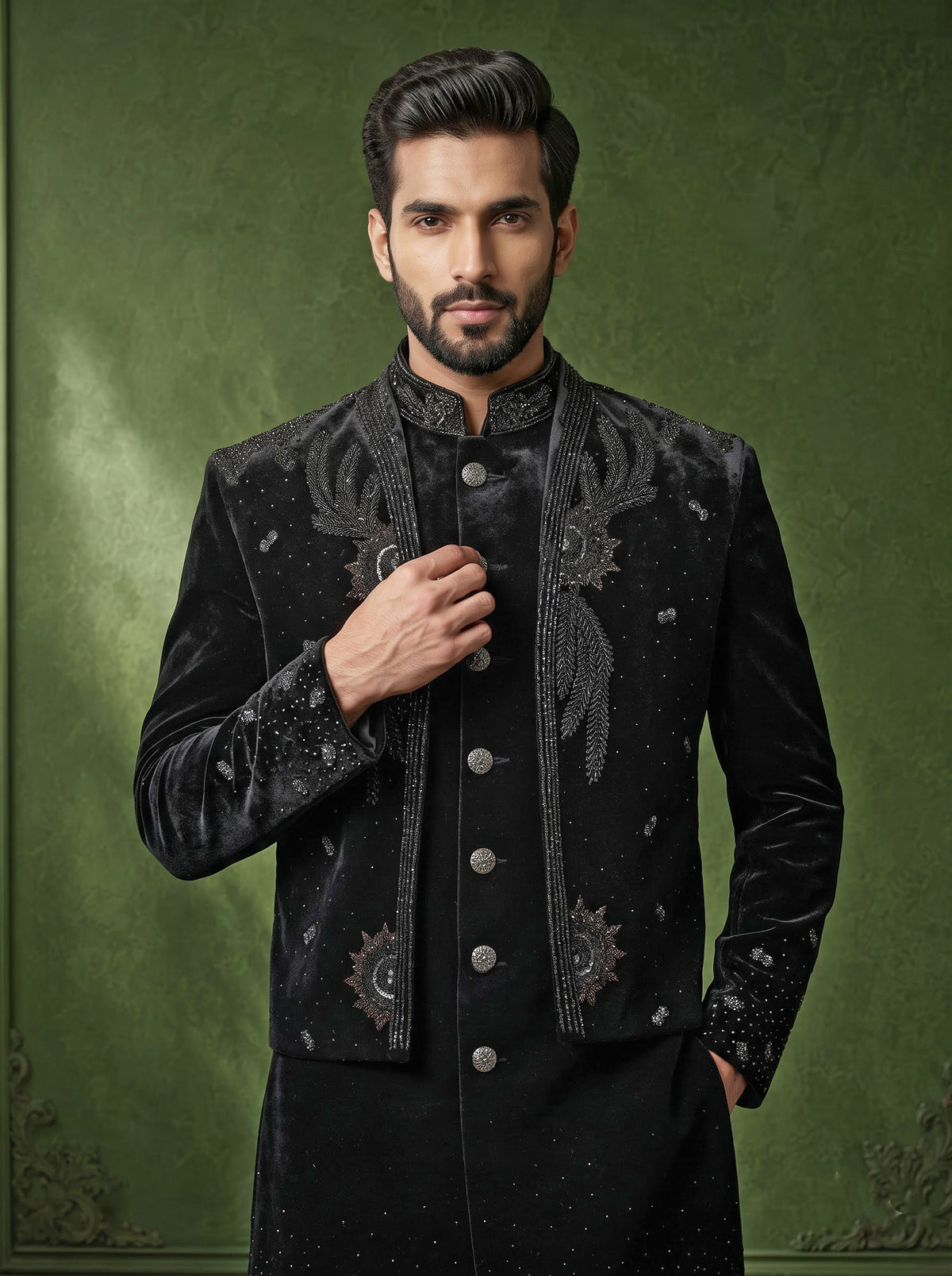 Black velvet Swarovski zardosi overlay indowestern set for mens