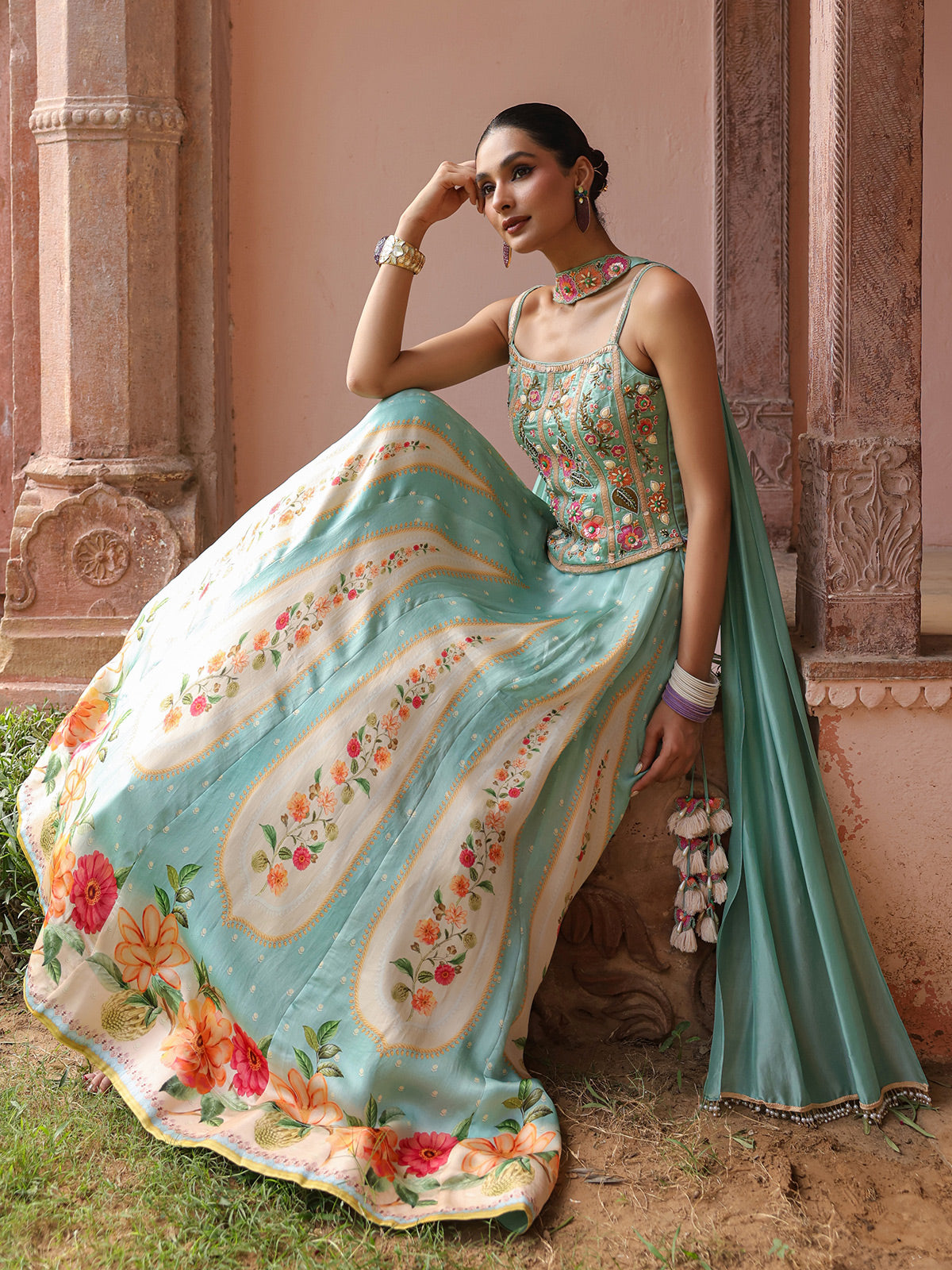 Sky blue floral lehenga choli with elegant embellished dupatta