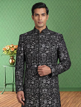 Black georgette slim fit bandhgala indowestern set for mens weddings