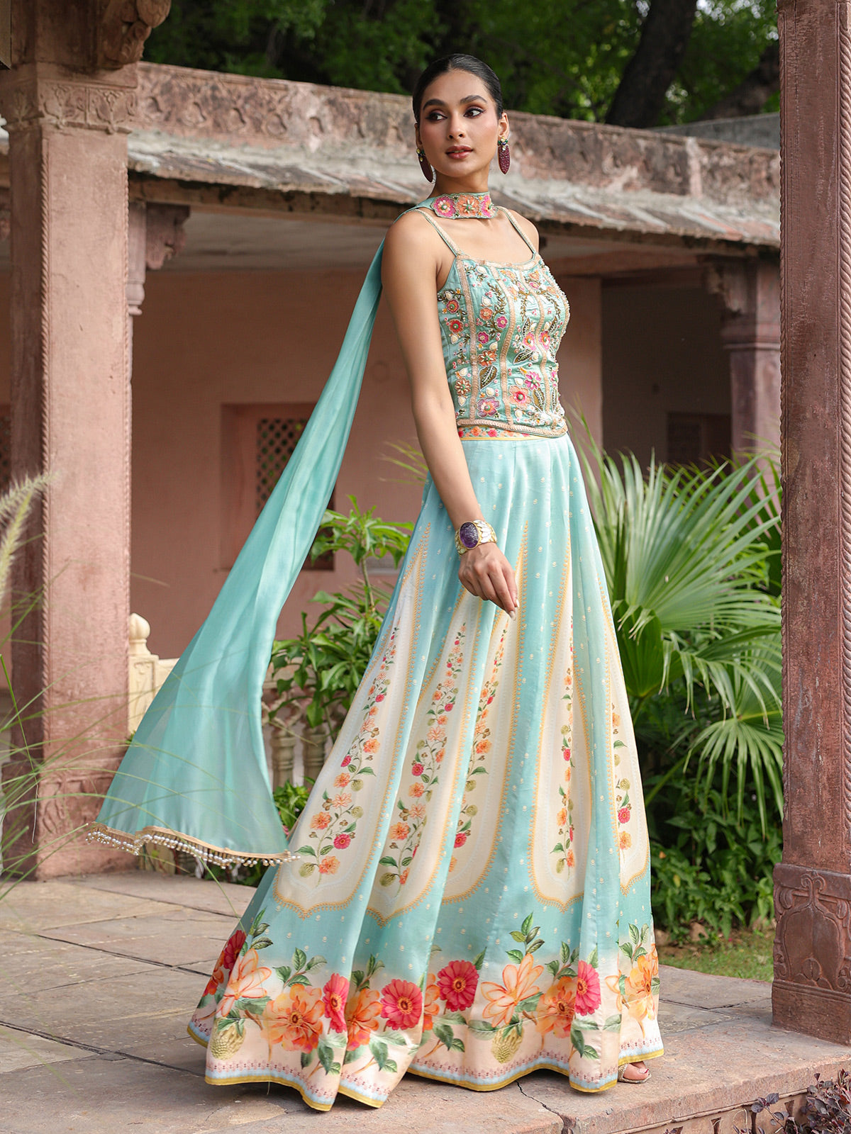 Sky blue floral lehenga choli with elegant embellished dupatta
