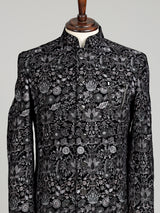 Black georgette slim fit bandhgala indowestern set for mens weddings