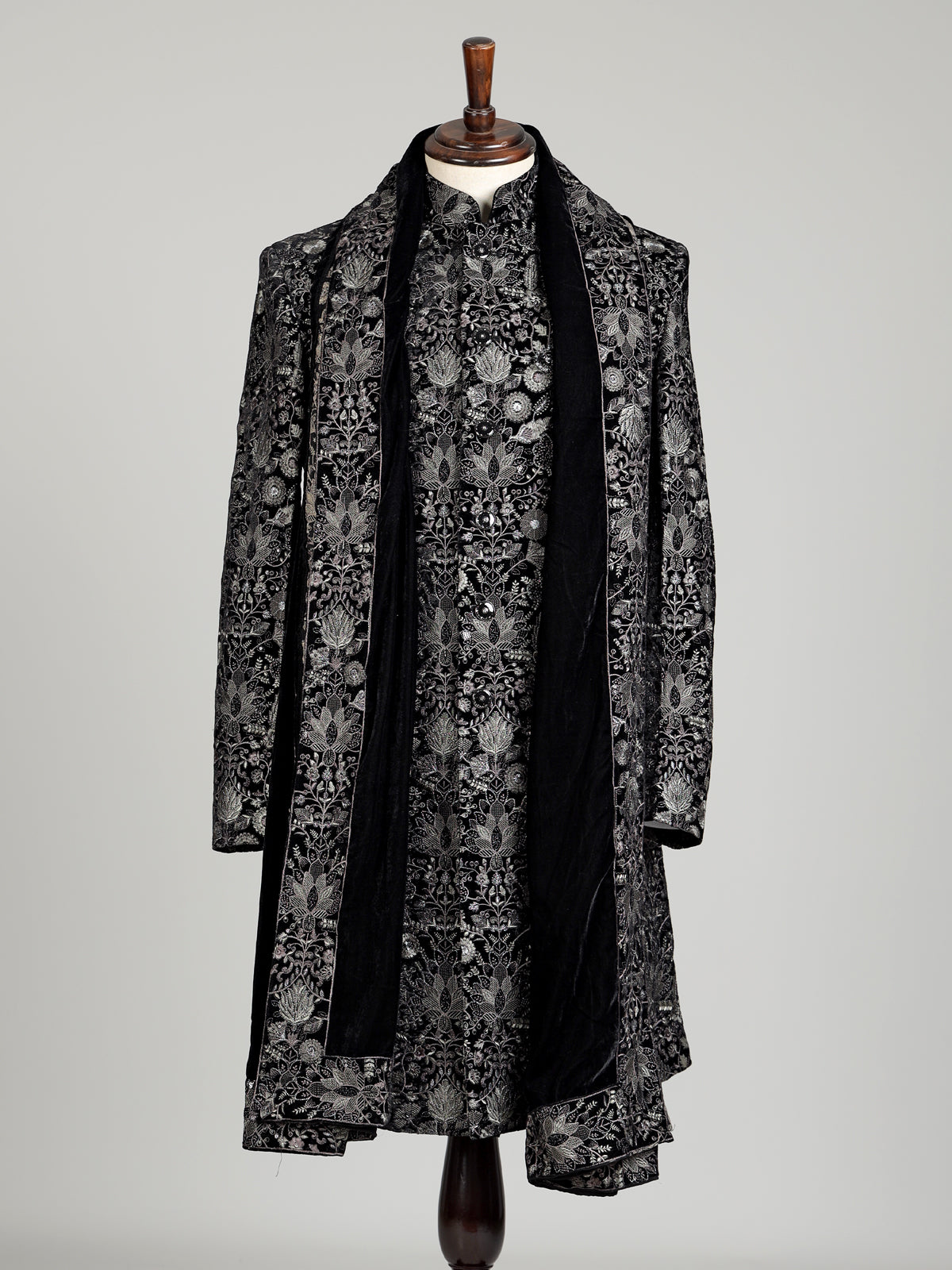 Black georgette sequined mandarin neck indowestern set for mens