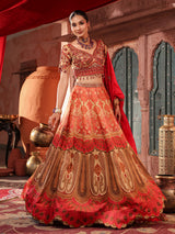 Red traditional printed lehenga choli with intricate zardosi details