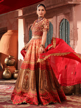 Red traditional printed lehenga choli with intricate zardosi details