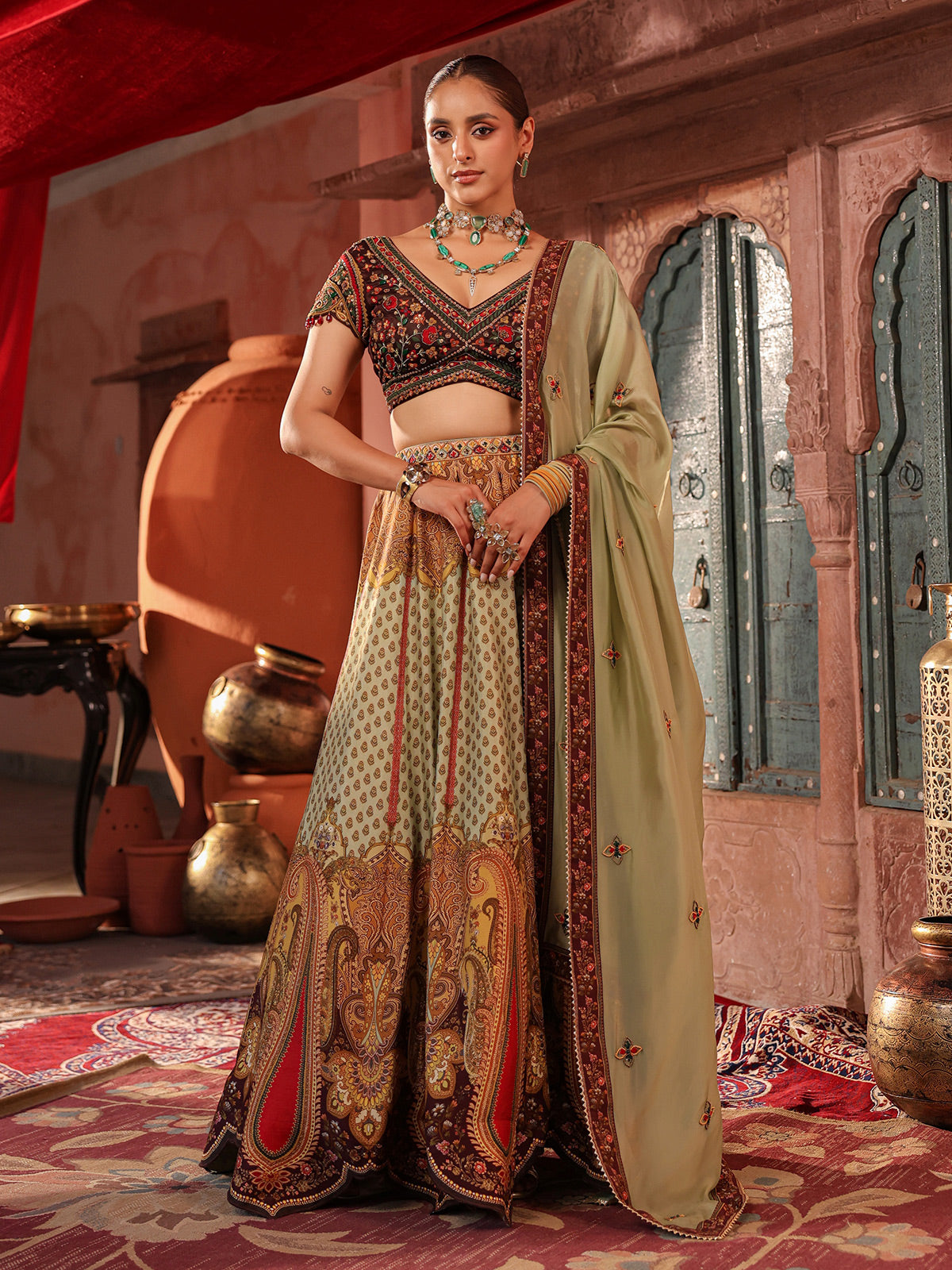 Pista green paisley printed lehenga choli with elegant dupatta