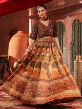 Brown landscape print lehenga choli with heavy jacket blouse