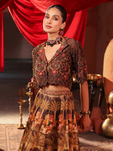 Brown landscape print lehenga choli with heavy jacket blouse