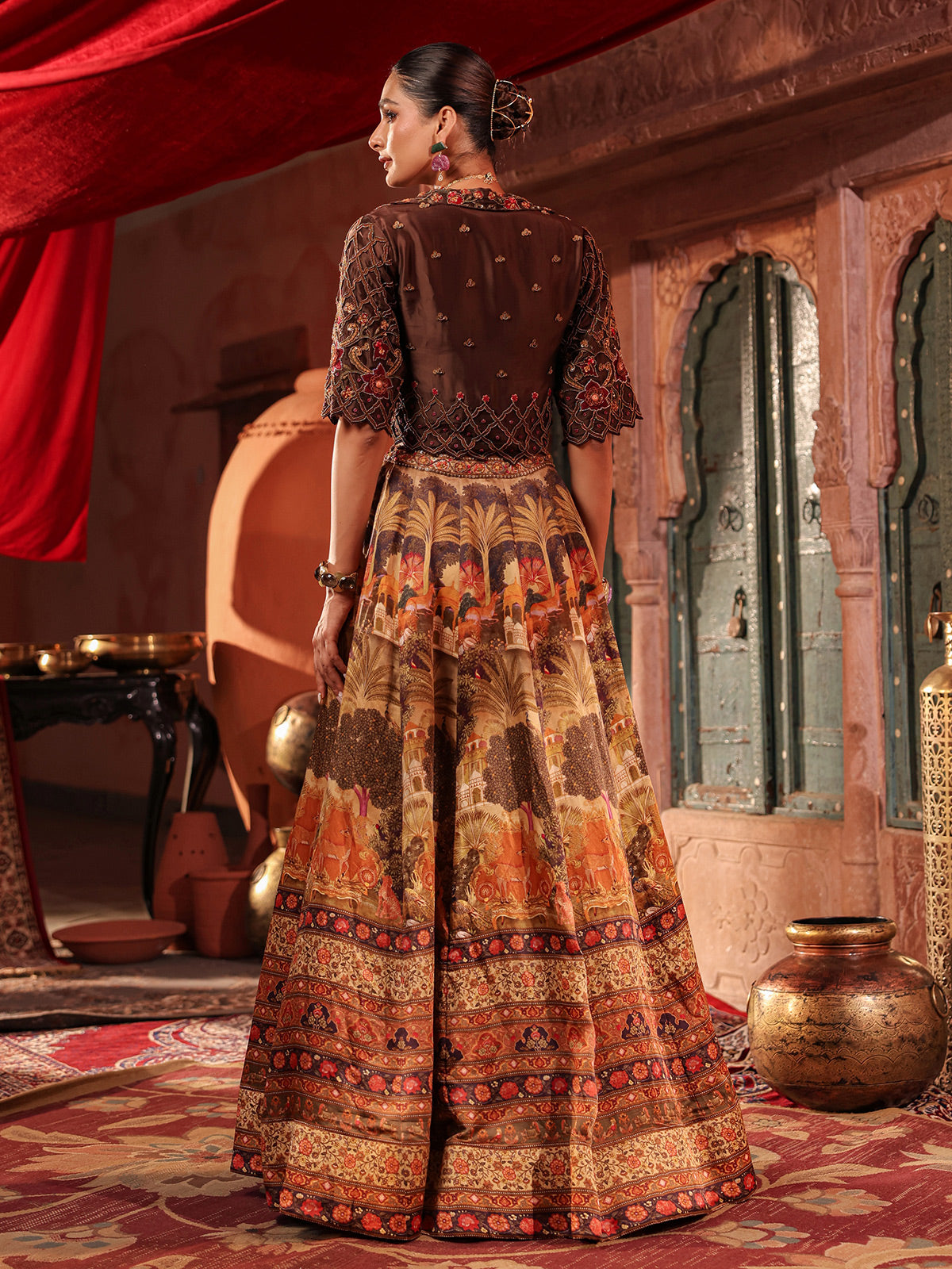 Brown landscape print lehenga choli with heavy jacket blouse