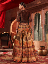 Brown landscape print lehenga choli with heavy jacket blouse