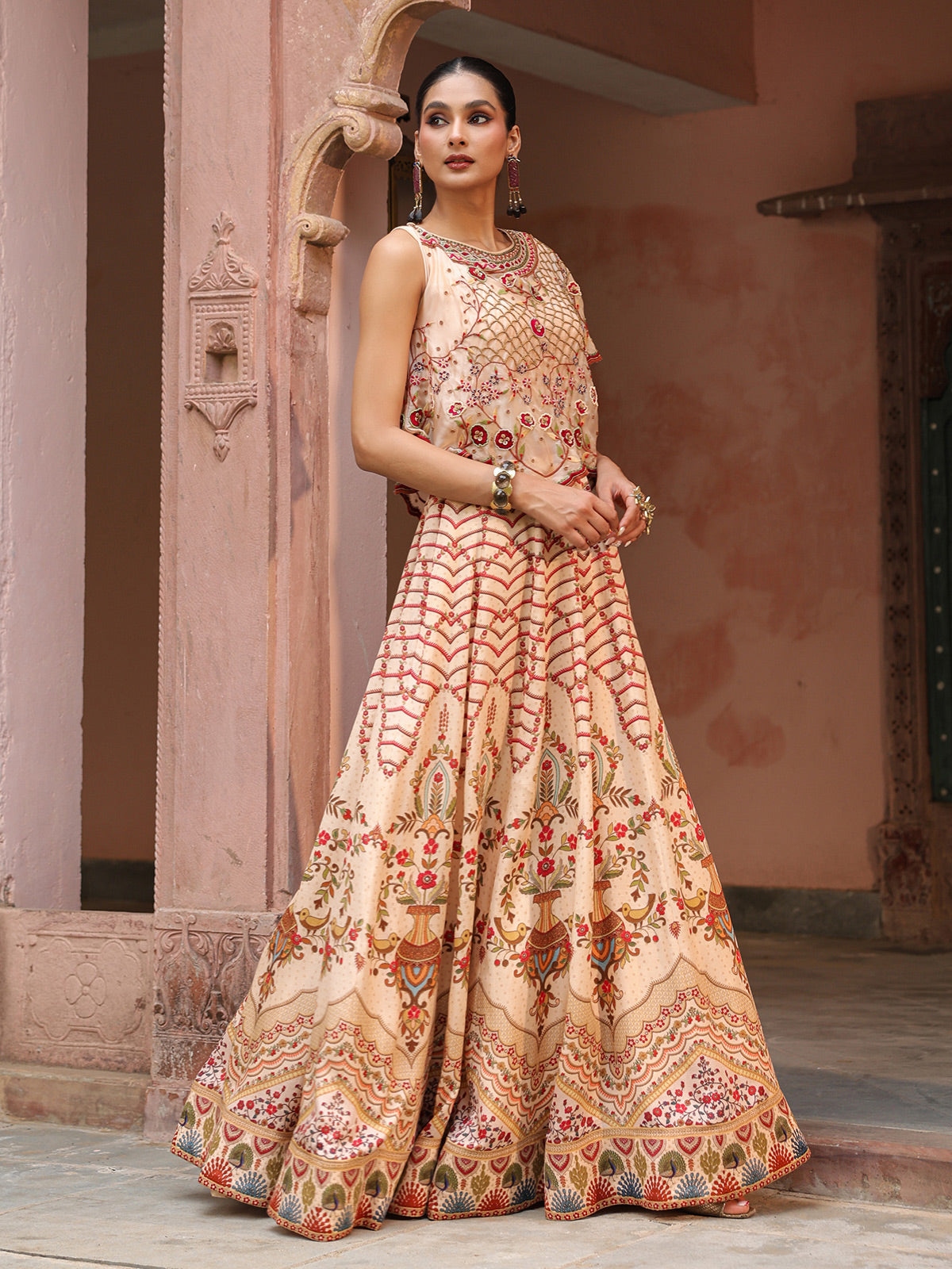 Cream traditional printed lehenga choli with elegant designer jacket
