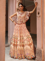 Cream traditional printed lehenga choli with elegant designer jacket
