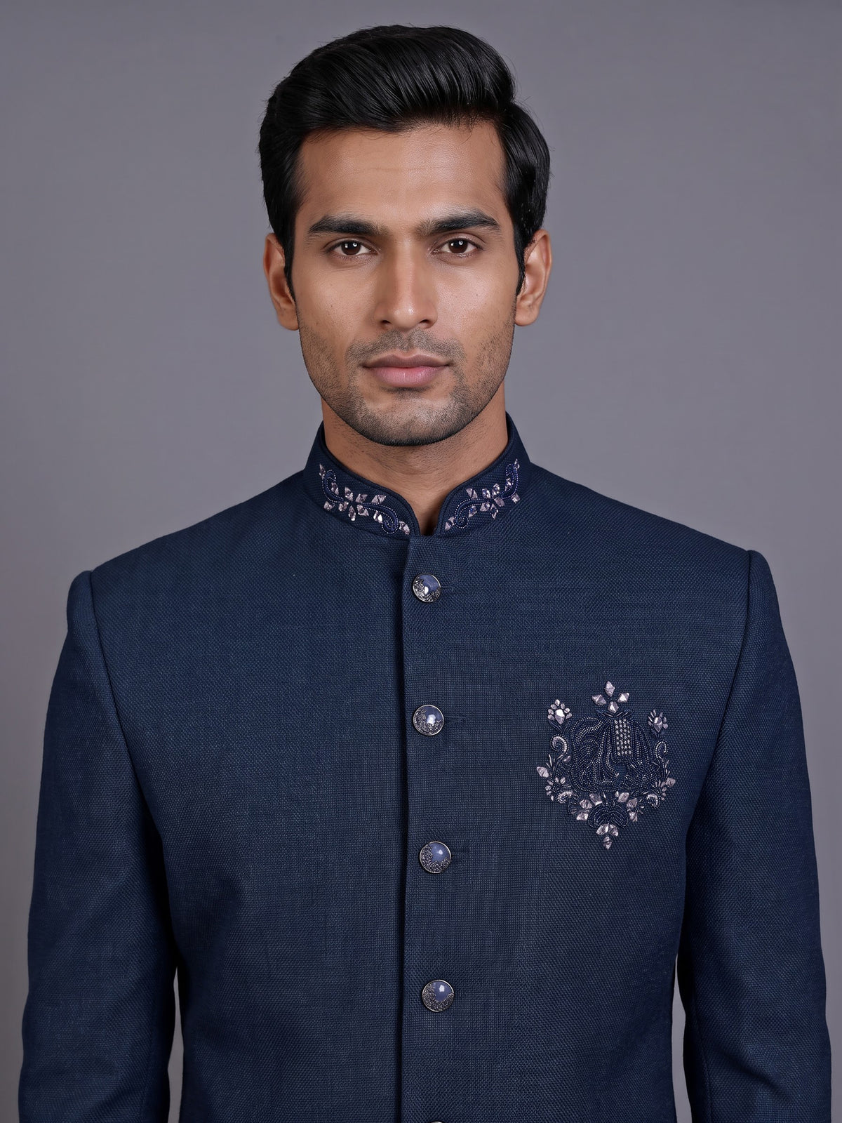 Peacock blue royal crest mens indo western