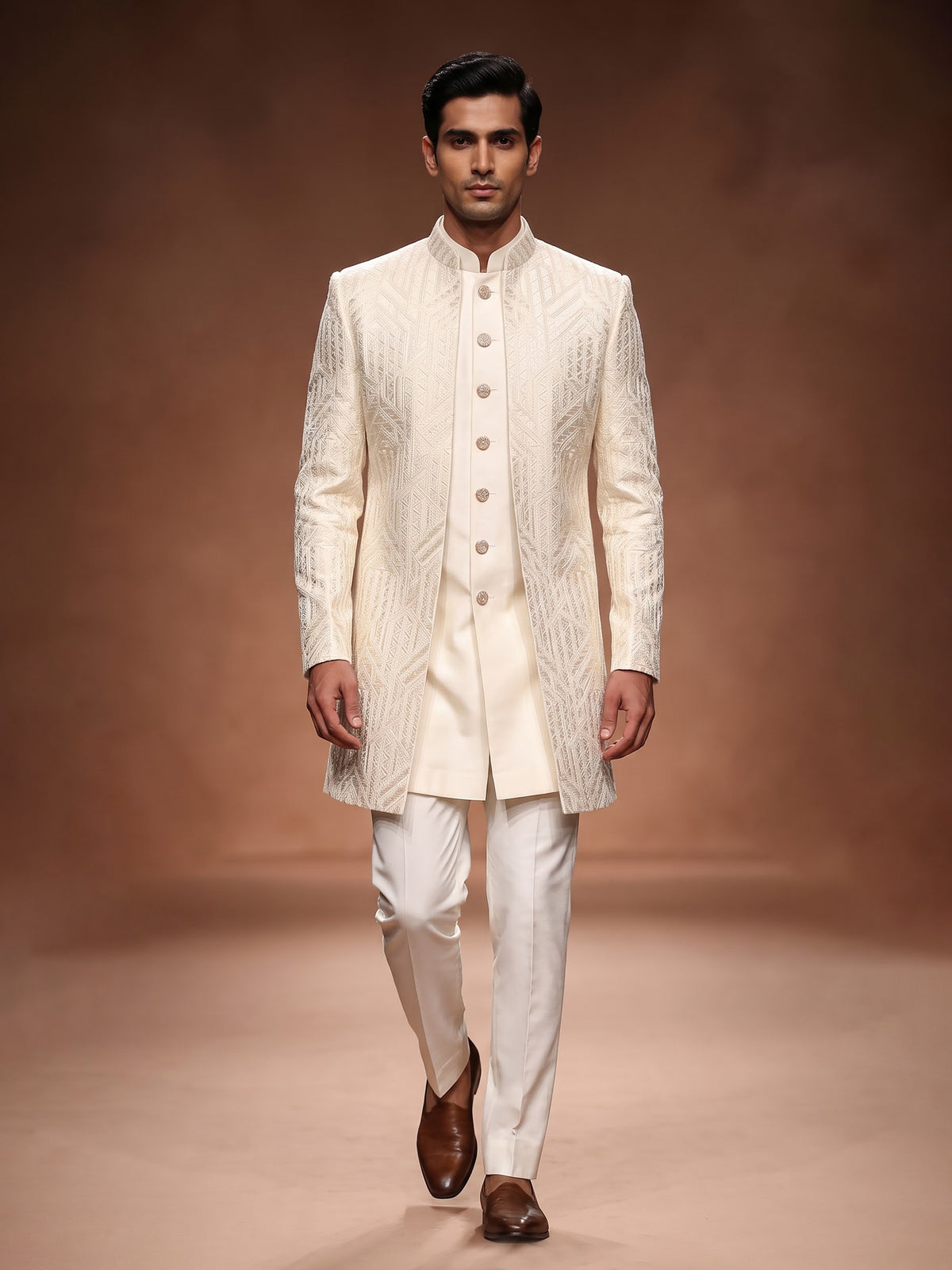 Cream architectural mens indo western