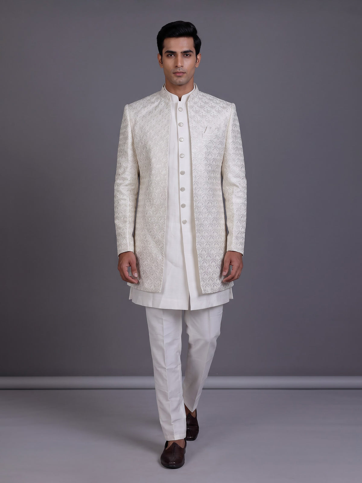 White jacquard silk mens indo western