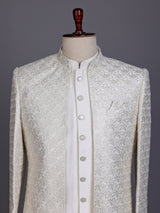 White jacquard silk mens indo western