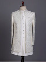 White jacquard silk mens indo western