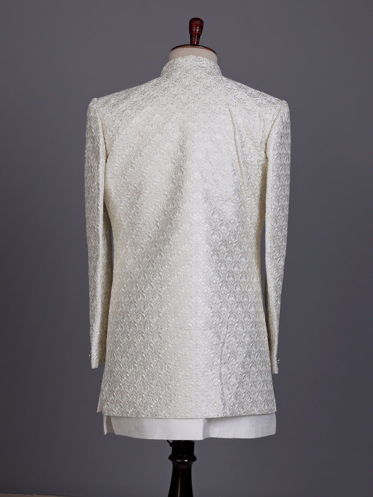 White jacquard silk mens indo western