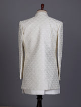 White jacquard silk mens indo western