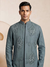 Slate grey floral linen silk waistcoat set for mens weddings