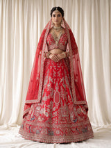 Red raw silk bridal lehenga with double dupatta and art motifs