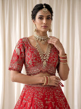 Red raw silk bridal lehenga with double dupatta and art motifs