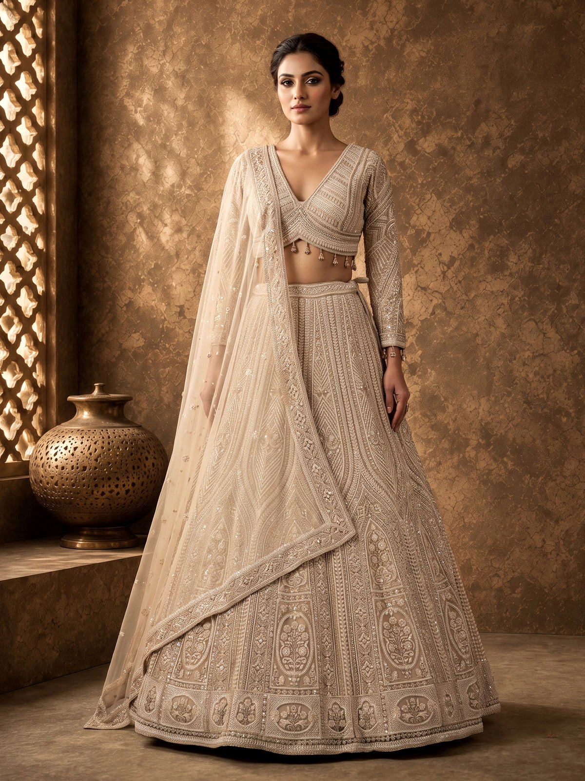 Beige net designer lehenga choli with embellished dupatta