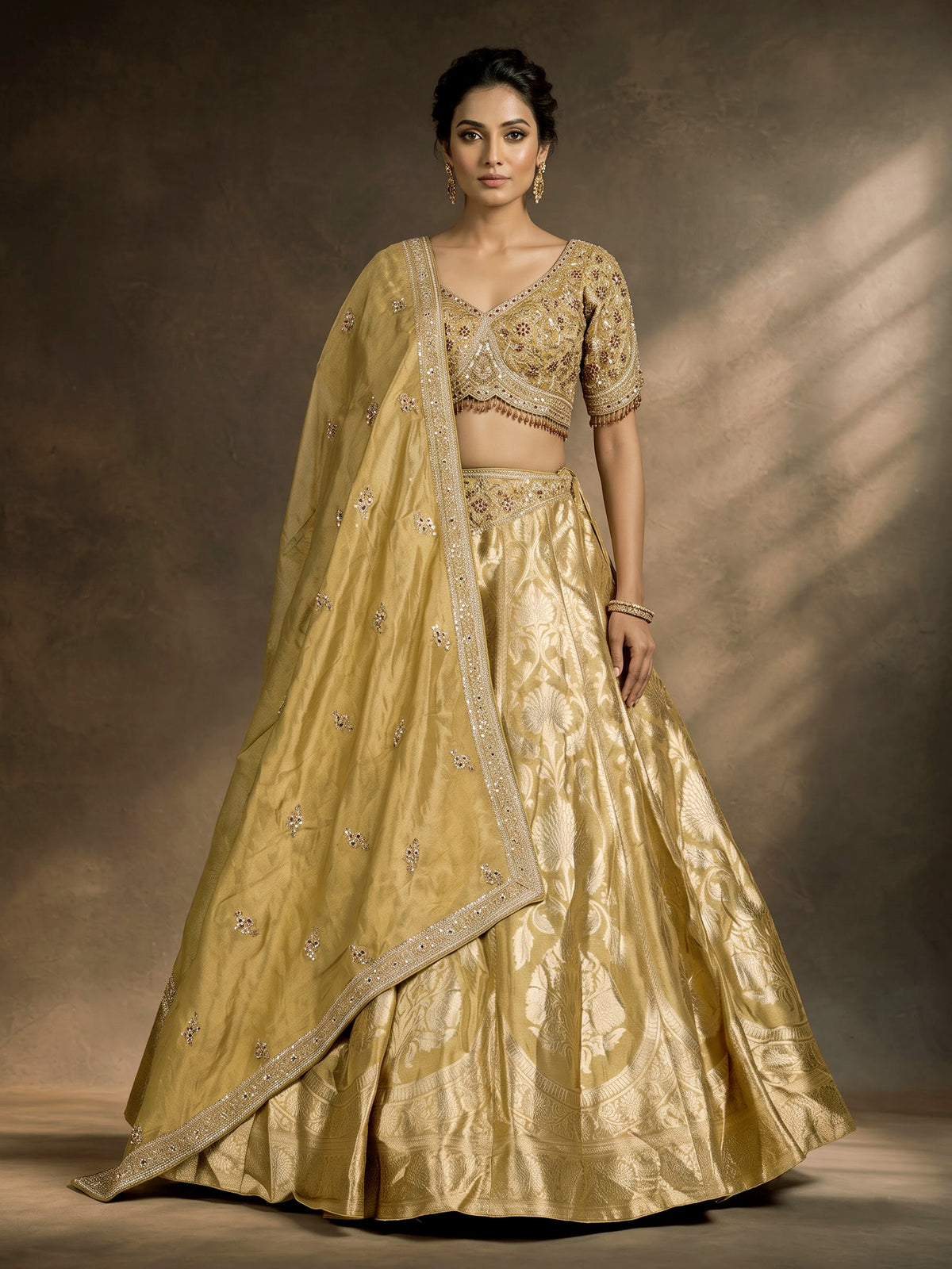 Gold banarasi silk designer lehenga with zardosi and embellished dupatta