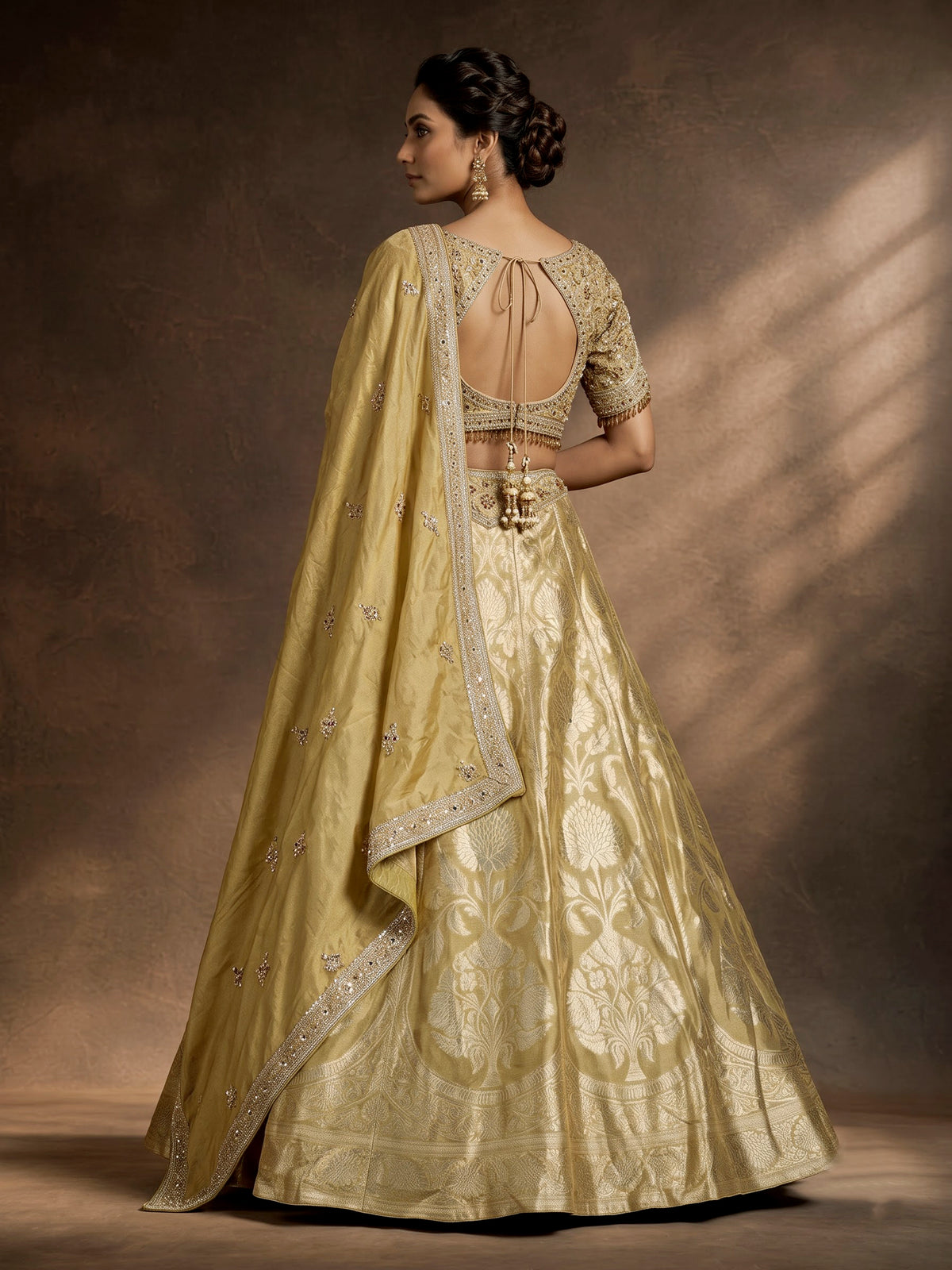 Gold banarasi silk designer lehenga with zardosi and embellished dupatta