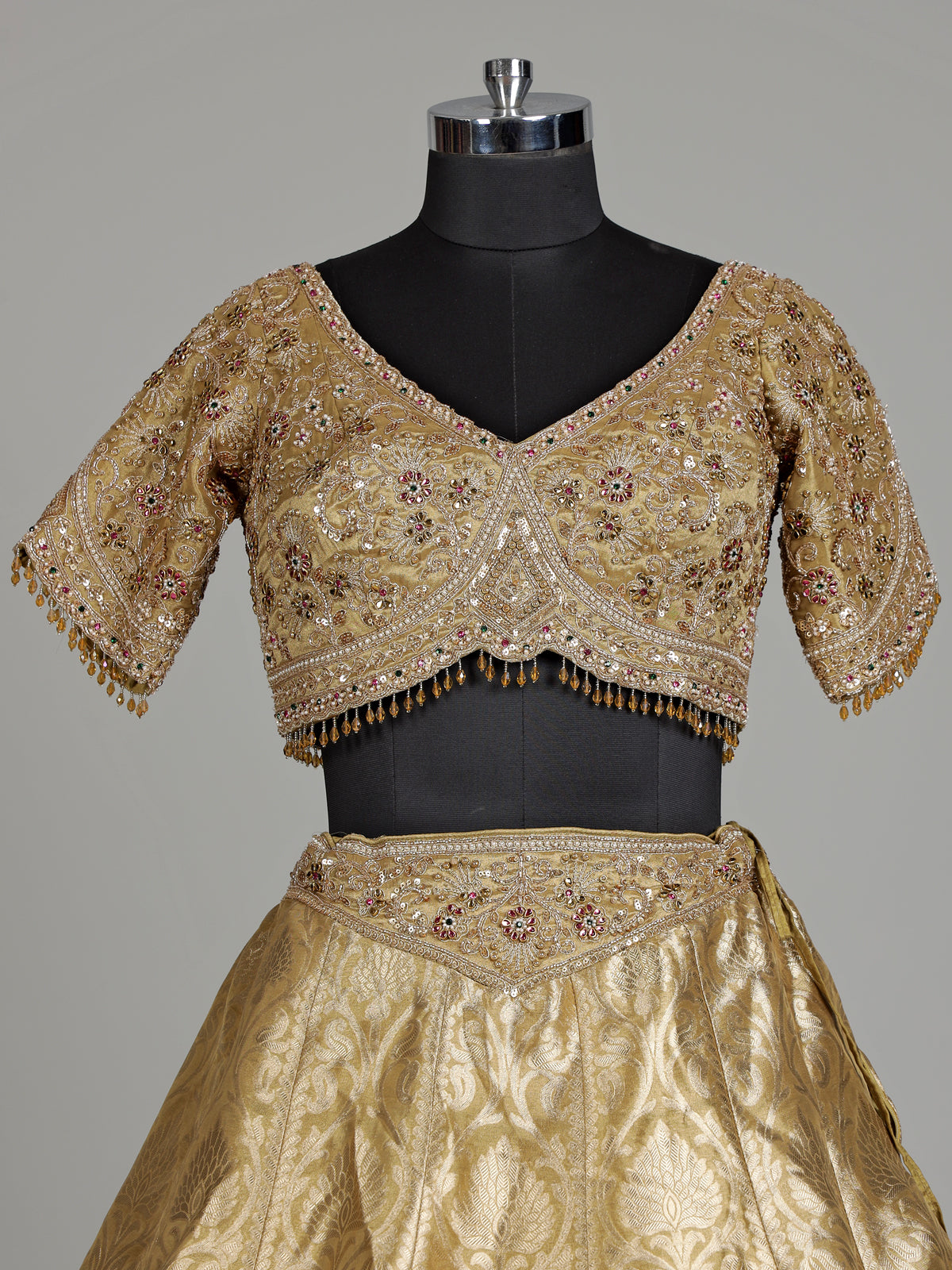 Gold banarasi silk designer lehenga with zardosi and embellished dupatta
