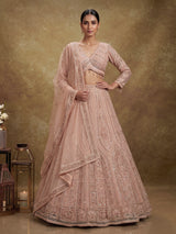 Peach net designer lehenga choli with intricate embellished dupatta