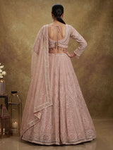 Peach net designer lehenga choli with intricate embellished dupatta