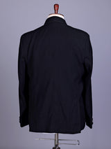 Black terry rayon double-breasted tuxedo suit with crystal brooch